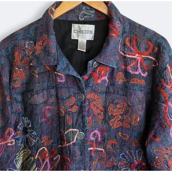 Chico's Denim Embroidered Boho Jacket Wearable Art Beaded Size XL /16 Maximalist - Picture 2 of 13
